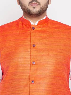 orange and white cotton blend jacket kurta dhoti set 4
