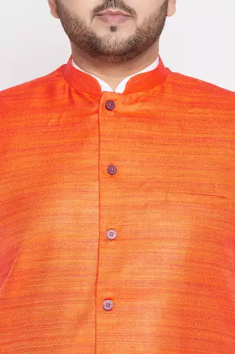 orange and white cotton blend jacket kurta dhoti set