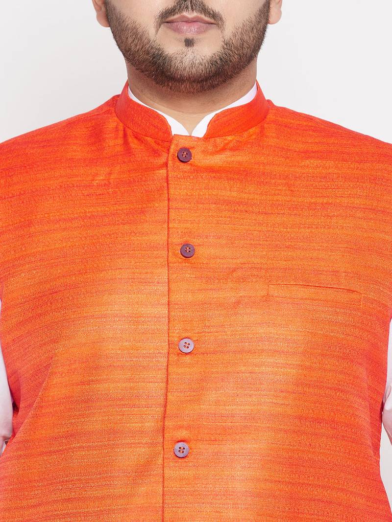 orange and white cotton blend jacket kurta dhoti set