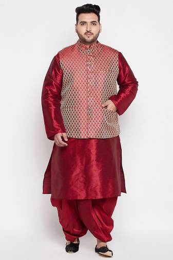 maroon and rose gold silk blend jacket kurta dhoti set