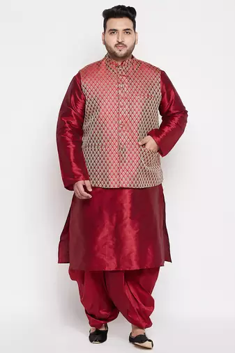 maroon and rose gold silk blend jacket kurta dhoti set