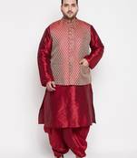 maroon and rose gold silk blend jacket kurta dhoti set