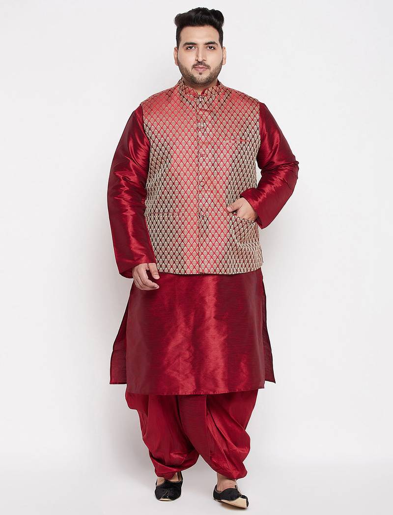 maroon and rose gold silk blend jacket kurta dhoti set
