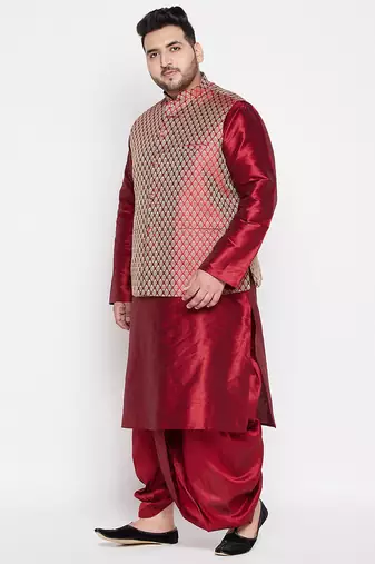 maroon and rose gold silk blend jacket kurta dhoti set
