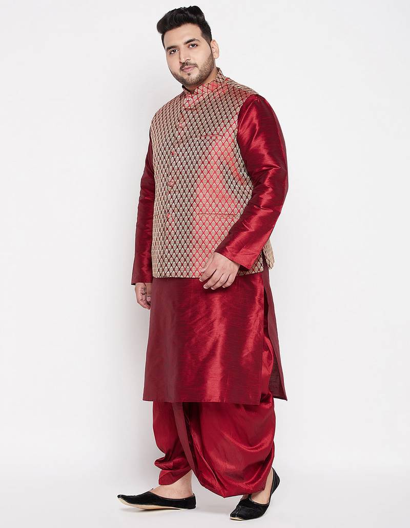 maroon and rose gold silk blend jacket kurta dhoti set