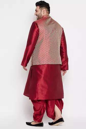 maroon and rose gold silk blend jacket kurta dhoti set