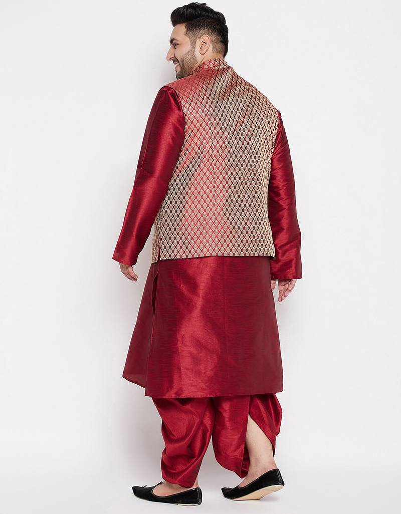 maroon and rose gold silk blend jacket kurta dhoti set