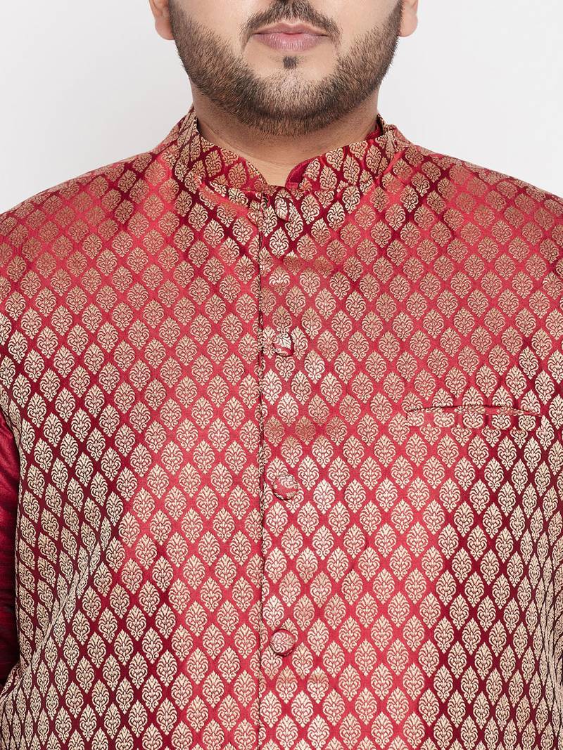 maroon and rose gold silk blend jacket kurta dhoti set