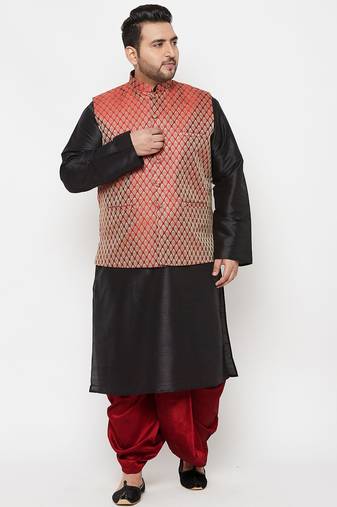 maroon and black silk blend jacket kurta dhoti set