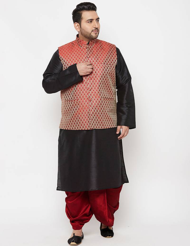 maroon and black silk blend jacket kurta dhoti set
