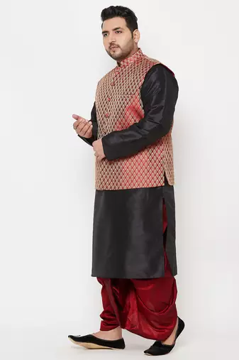 maroon and black silk blend jacket kurta dhoti set