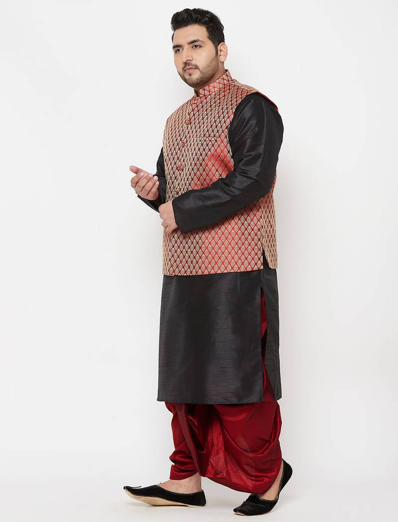 maroon and black silk blend jacket kurta dhoti set