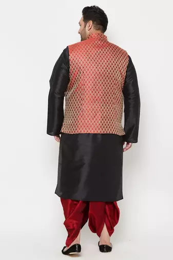 maroon and black silk blend jacket kurta dhoti set