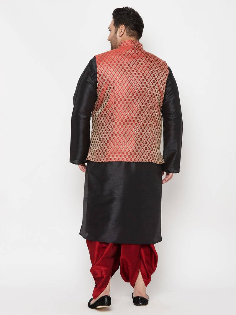 maroon and black silk blend jacket kurta dhoti set