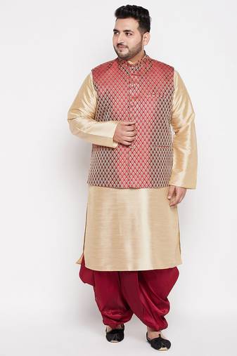 maroon and gold silk blend jacket kurta dhoti set