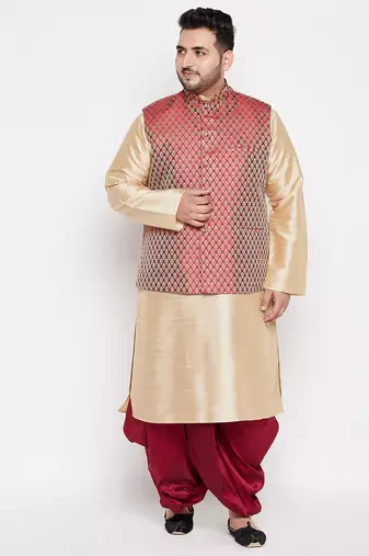 maroon and gold silk blend jacket kurta dhoti set
