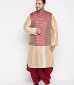 maroon and gold silk blend jacket kurta dhoti set