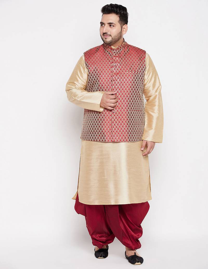 maroon and gold silk blend jacket kurta dhoti set