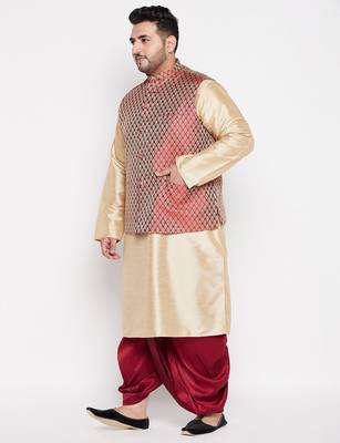 maroon and gold silk blend jacket kurta dhoti set 2