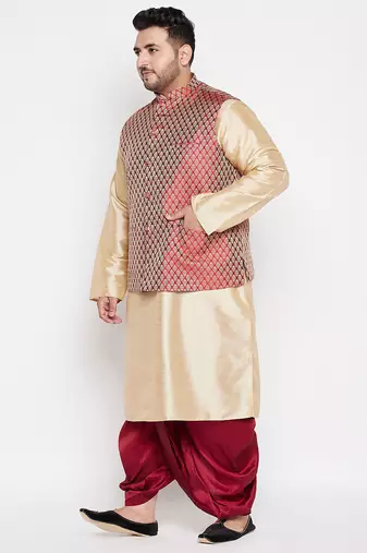 maroon and gold silk blend jacket kurta dhoti set