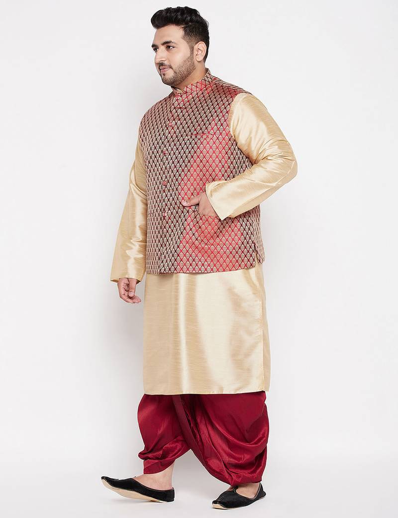 maroon and gold silk blend jacket kurta dhoti set