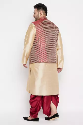maroon and gold silk blend jacket kurta dhoti set