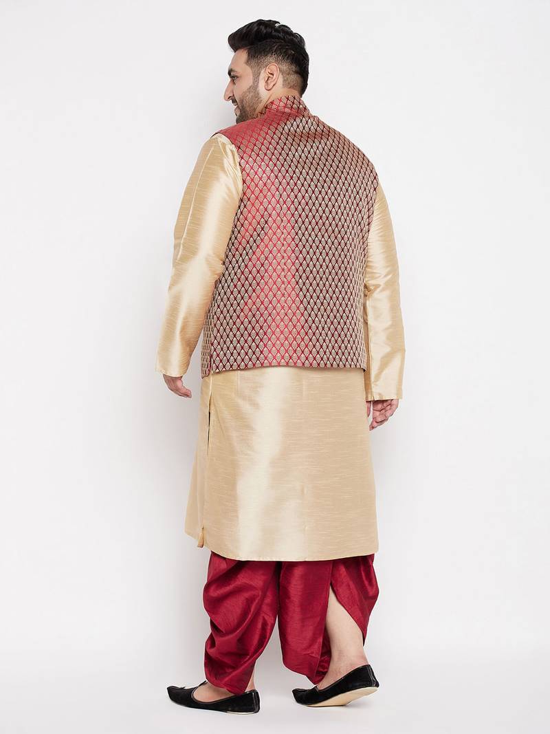 maroon and gold silk blend jacket kurta dhoti set