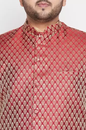 maroon and gold silk blend jacket kurta dhoti set