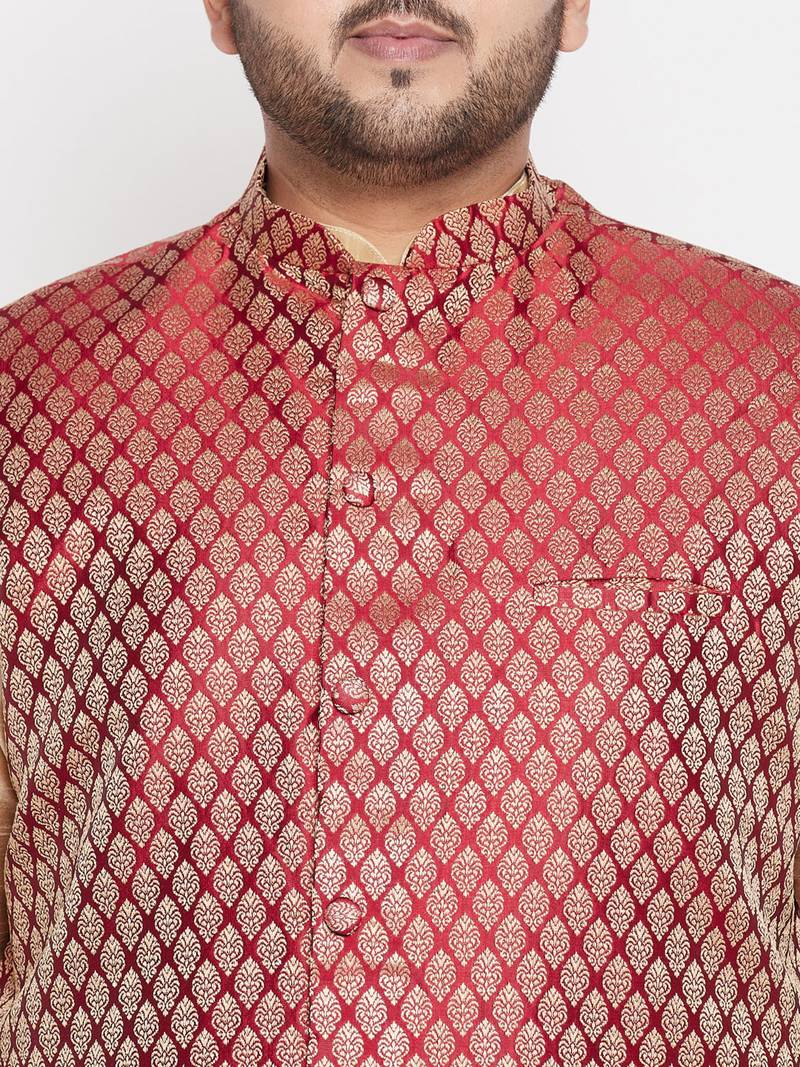maroon and gold silk blend jacket kurta dhoti set