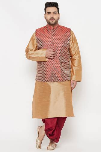 maroon and rose gold silk blend jacket kurta dhoti set