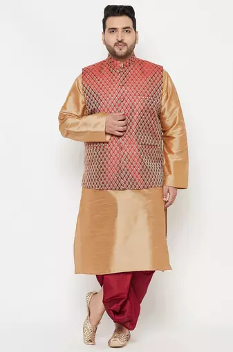 maroon and rose gold silk blend jacket kurta dhoti set