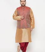 maroon and rose gold silk blend jacket kurta dhoti set
