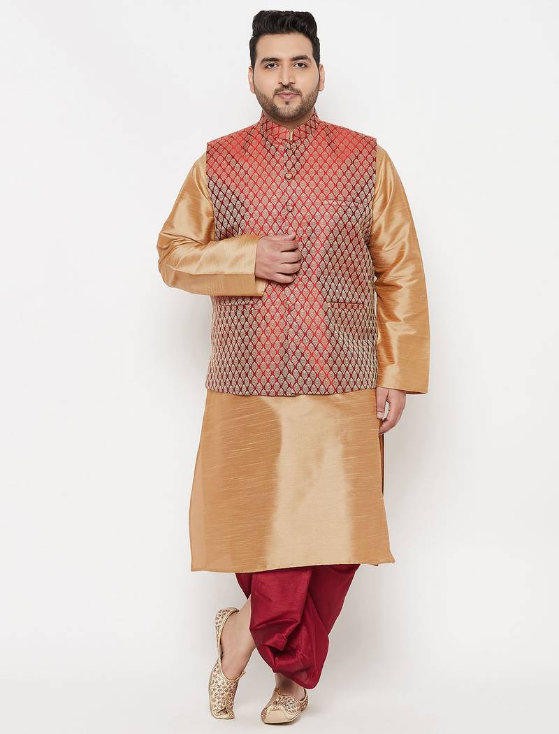 maroon and rose gold silk blend jacket kurta dhoti set