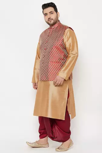 maroon and rose gold silk blend jacket kurta dhoti set