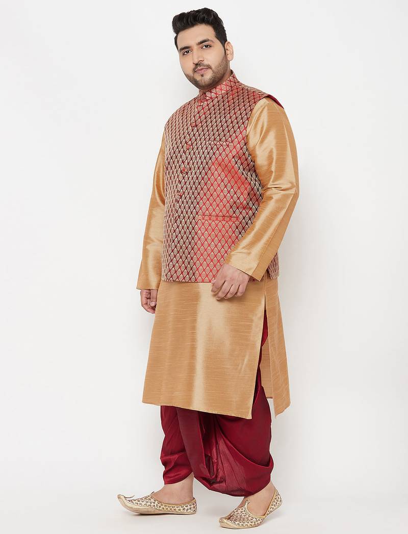 maroon and rose gold silk blend jacket kurta dhoti set