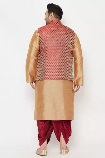 maroon and rose gold silk blend jacket kurta dhoti set