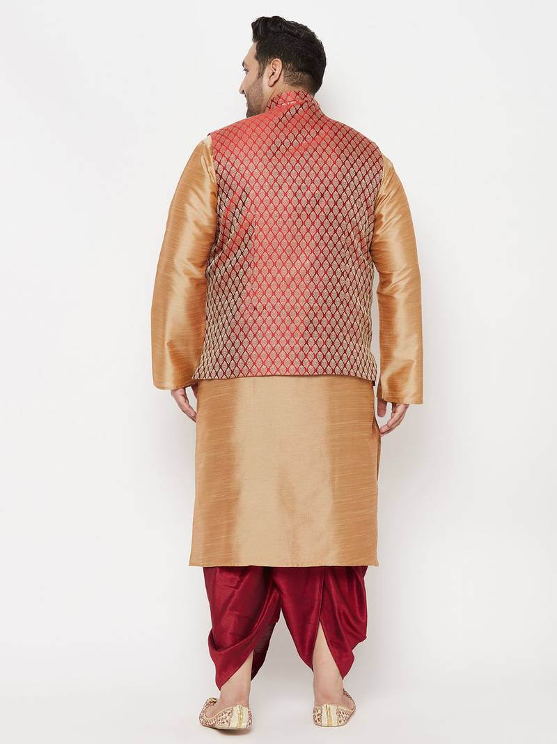 maroon and rose gold silk blend jacket kurta dhoti set