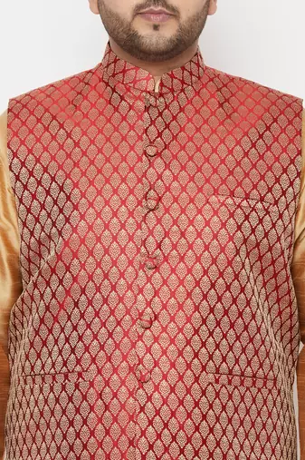 maroon and rose gold silk blend jacket kurta dhoti set