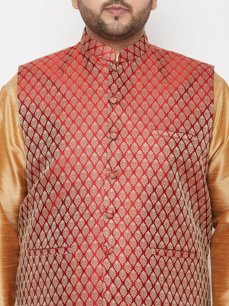 maroon and rose gold silk blend jacket kurta dhoti set