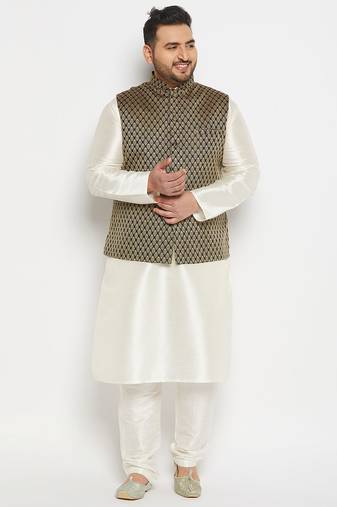 cream and black silk blend jacket, kurta and pyjama set