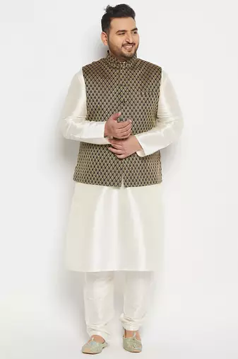 cream and black silk blend jacket, kurta and pyjama set