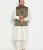 cream and black silk blend jacket, kurta and pyjama set