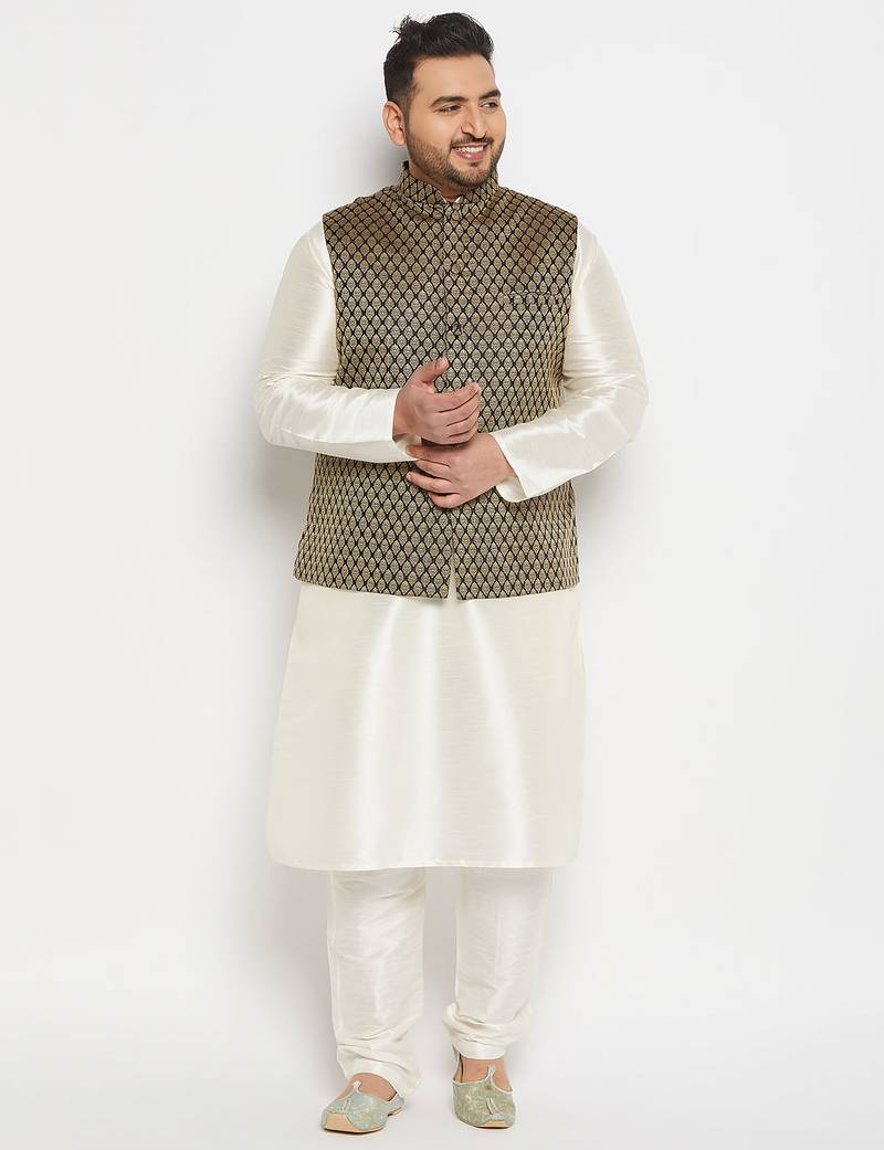 cream and black silk blend jacket, kurta and pyjama set