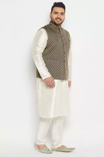 cream and black silk blend jacket, kurta and pyjama set