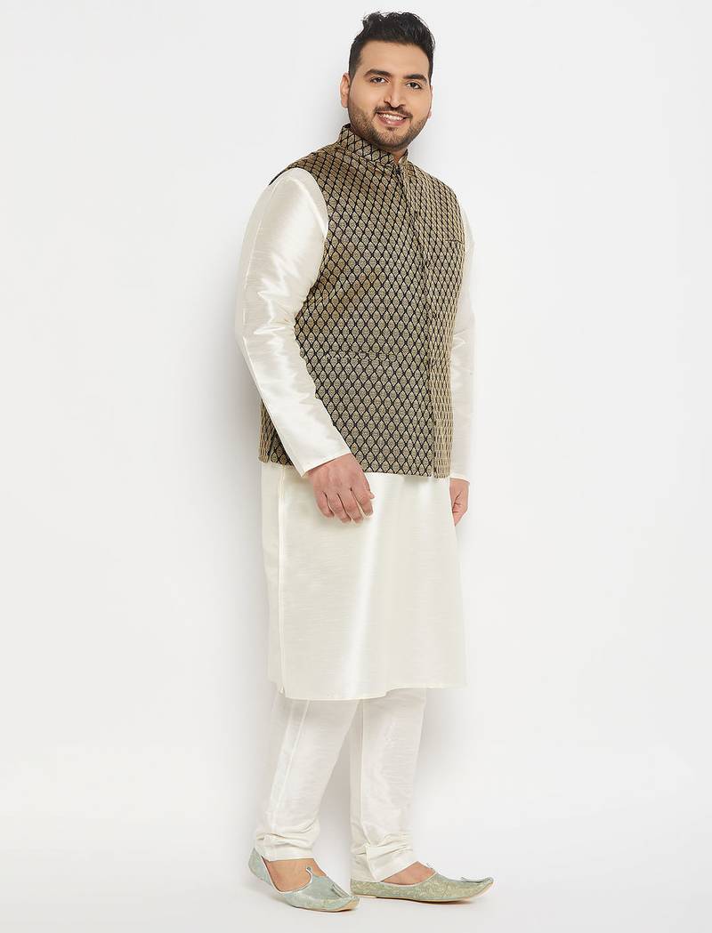 cream and black silk blend jacket, kurta and pyjama set