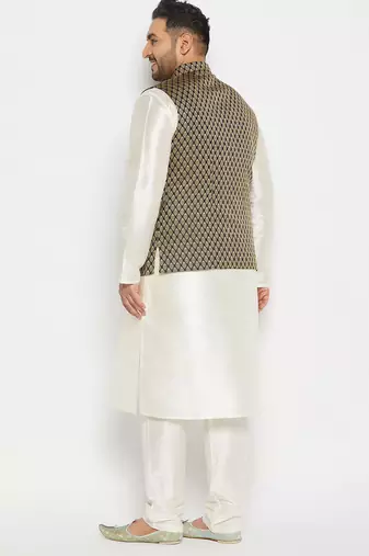 cream and black silk blend jacket, kurta and pyjama set