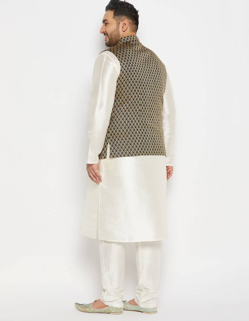 cream and black silk blend jacket, kurta and pyjama set