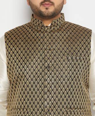 cream and black silk blend jacket, kurta and pyjama set 4