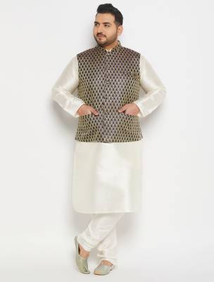 blue and cream silk blend jacket, kurta and pyjama set 1