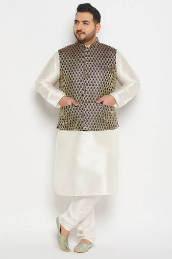 blue and cream silk blend jacket, kurta and pyjama set